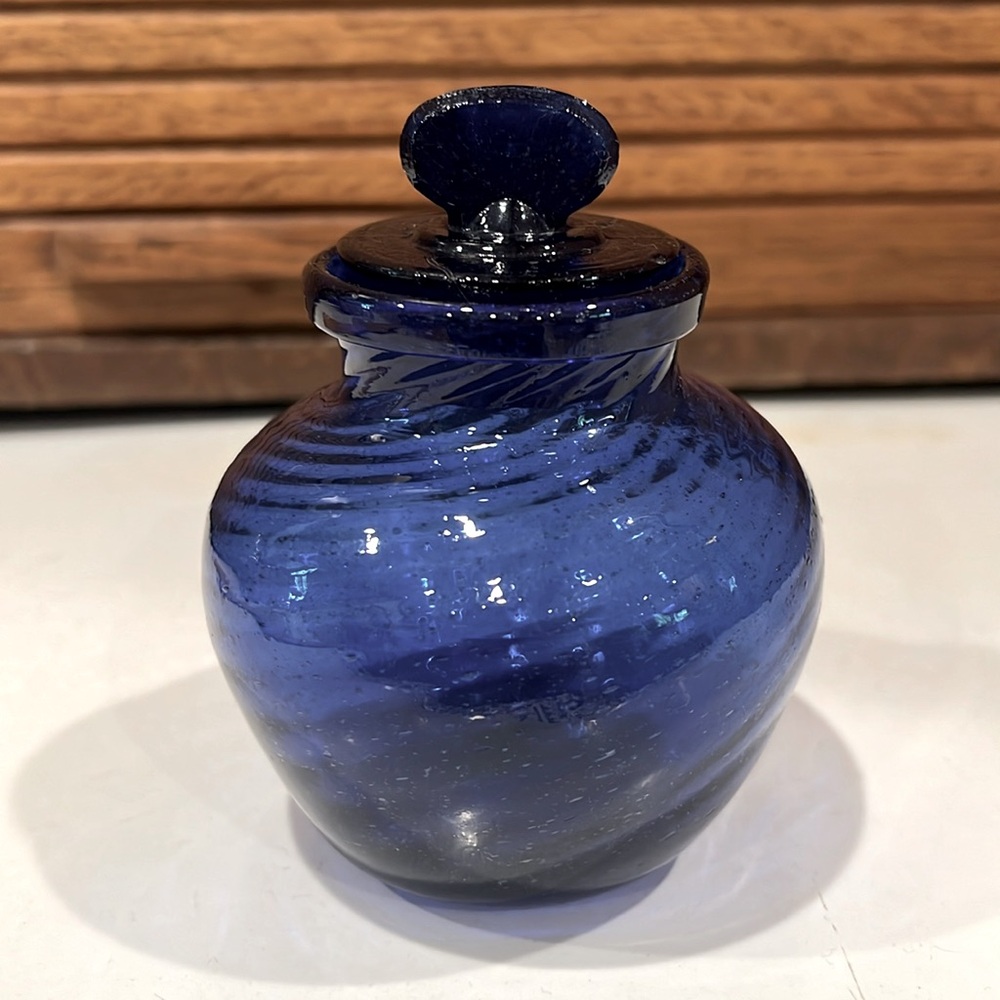 Vintage hand blown cobalt blue glass bottle / jar with heavy stopper